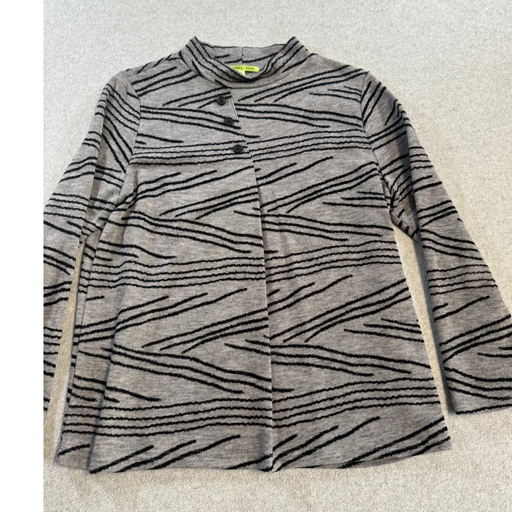Trisha Tyler Cardigan Women S Grey Black Abstract Asymmetric Mock Neck Excellent